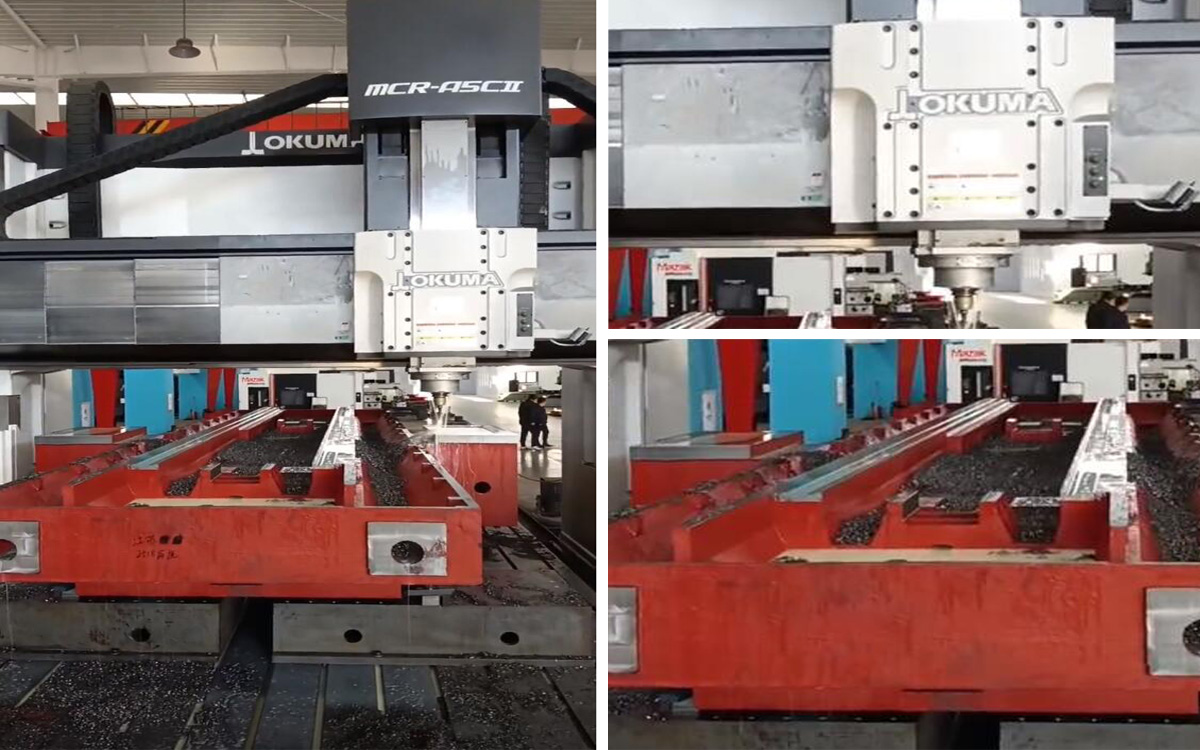Base of gantry machine center is processing by Okuma machine.